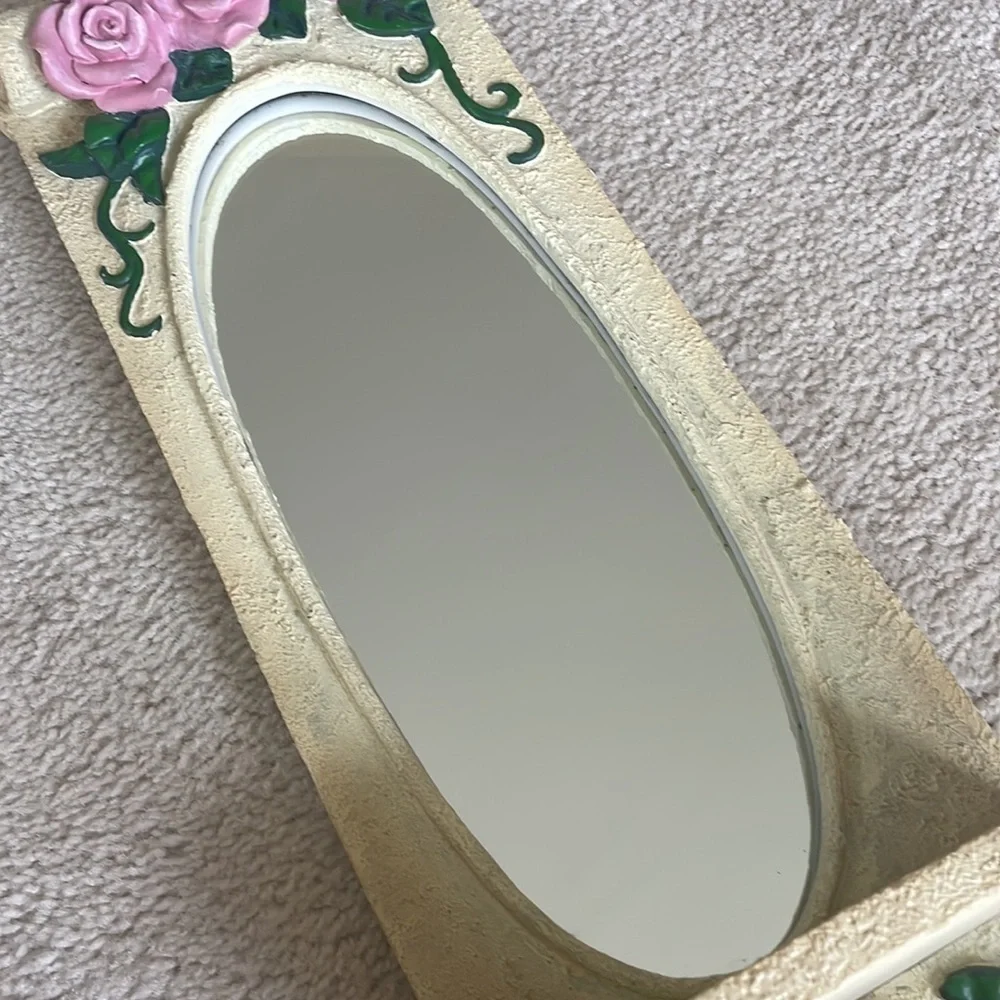 Vintage Victorian Roses Vines Cream Scroll Oval Mirror w/ Ledge Floral Antique